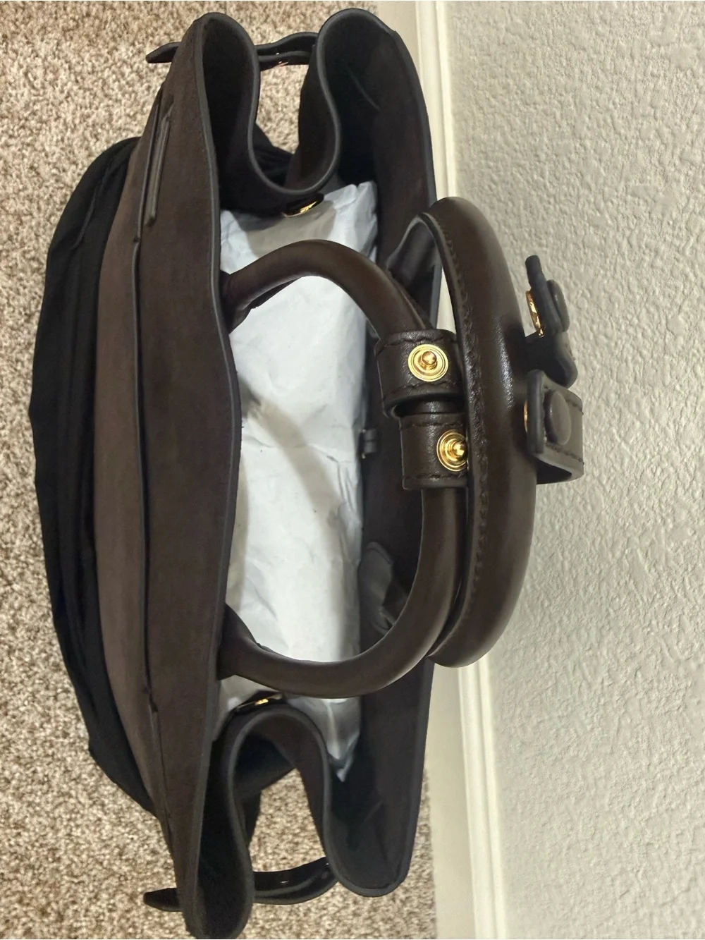 DeMellier Large The Hudson Dark Chocolate Suede Leather Tote Gold Hardware NWT